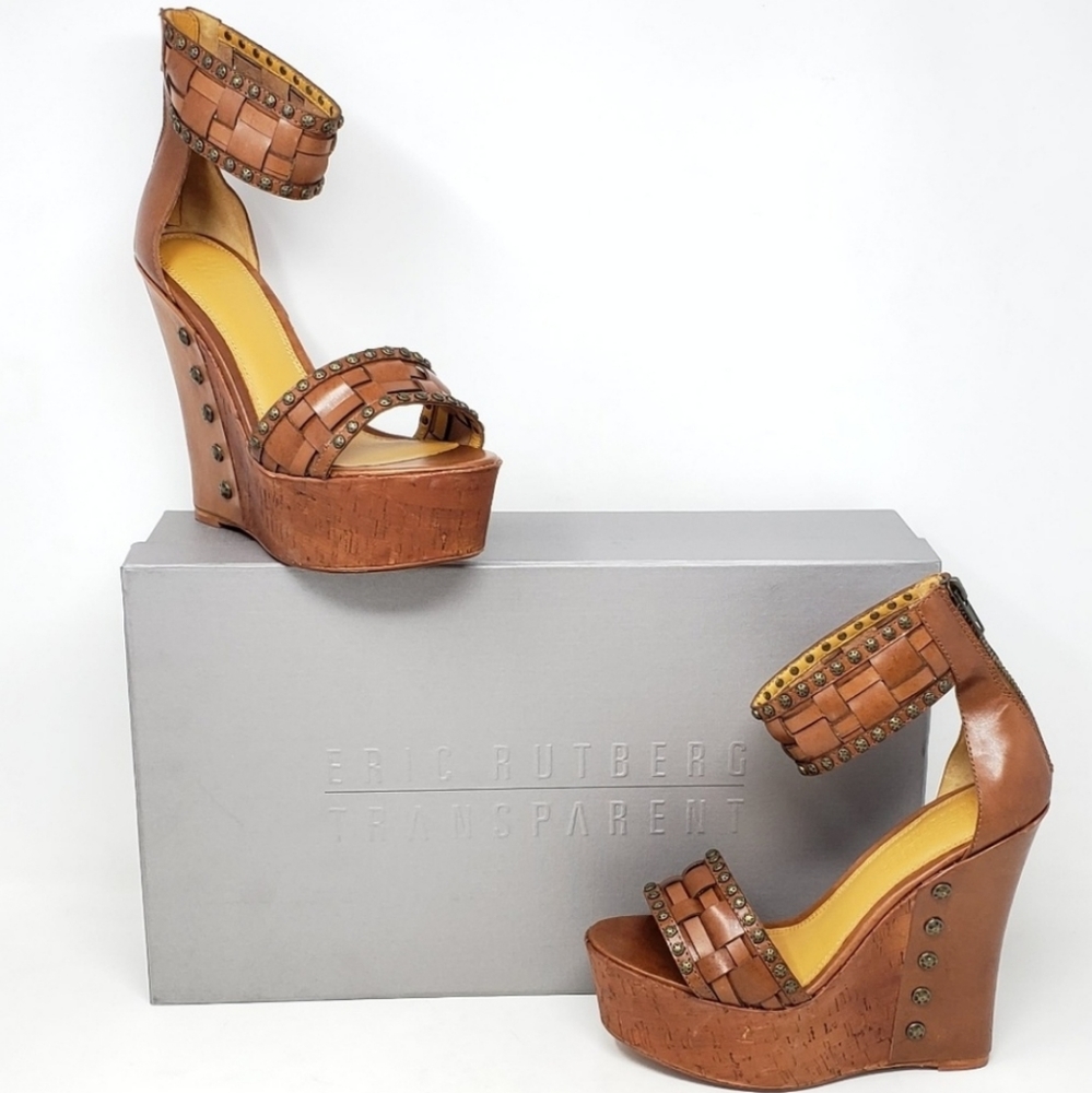 Brown Woven Leather Cork Wedge Sandals